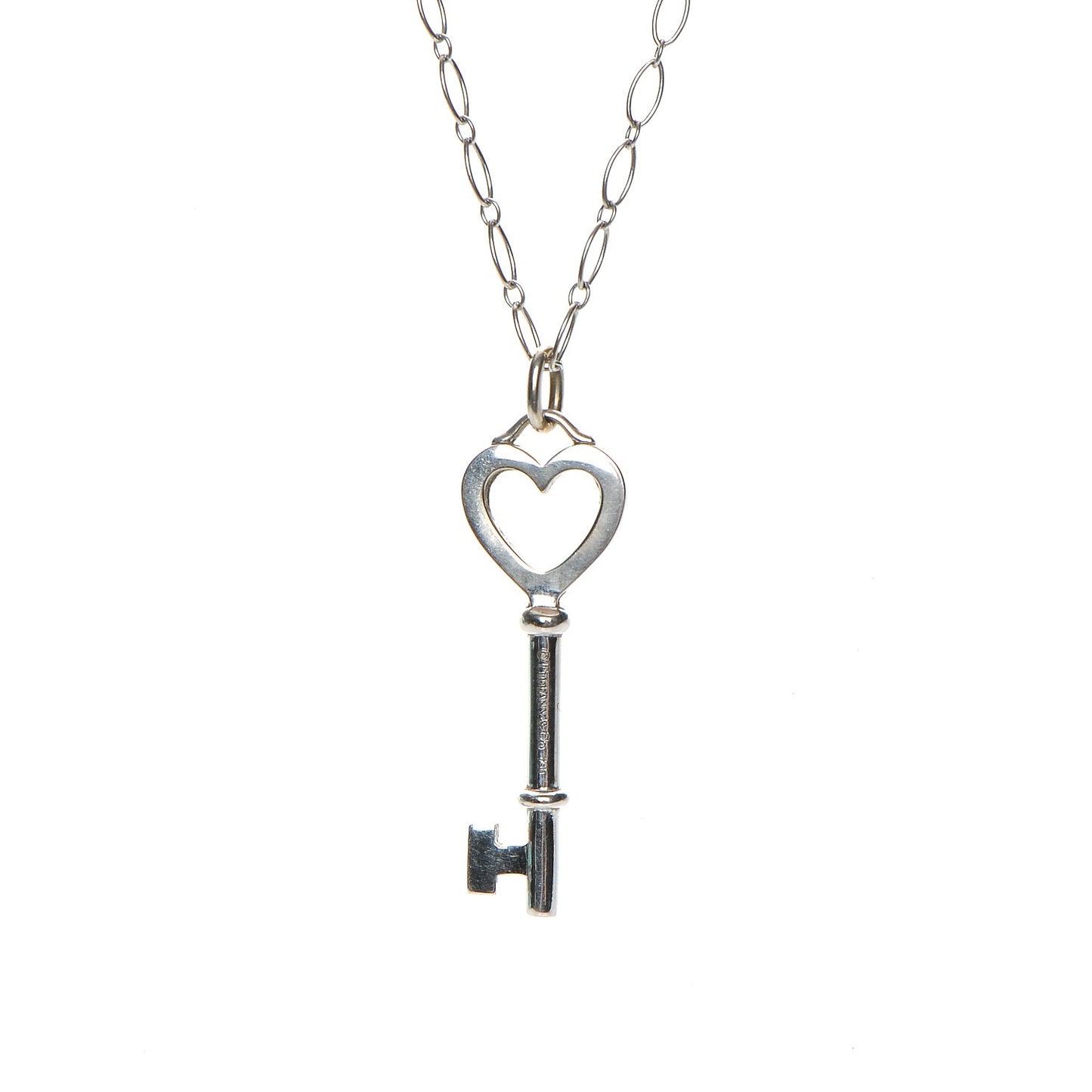 18K White Gold Diamond Mini Heart Key Charm Pendant Link Necklace
