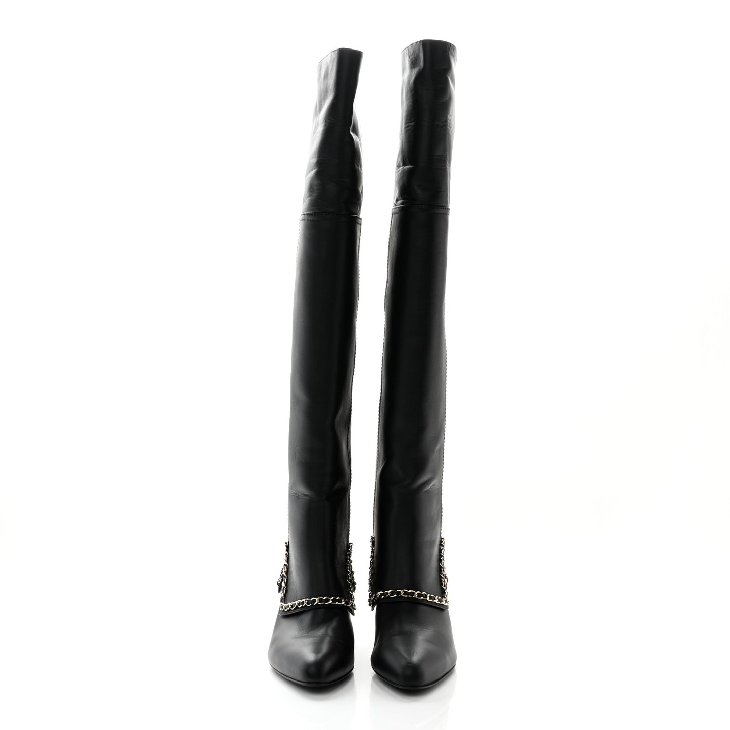 Calfskin Knee High Chain Boots 39 Black