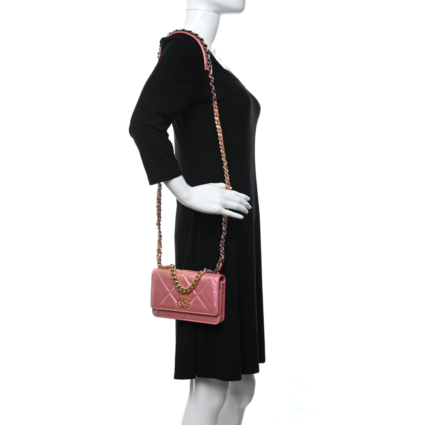 Iridescent Calfskin Quilted Chanel 19 Wallet On Chain WOC Pink