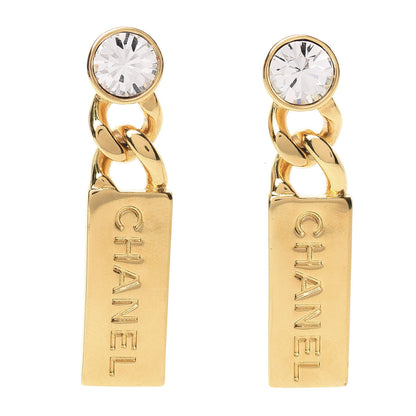 Chanel Crystal Tag Drop Earrings Gold 1 of 5