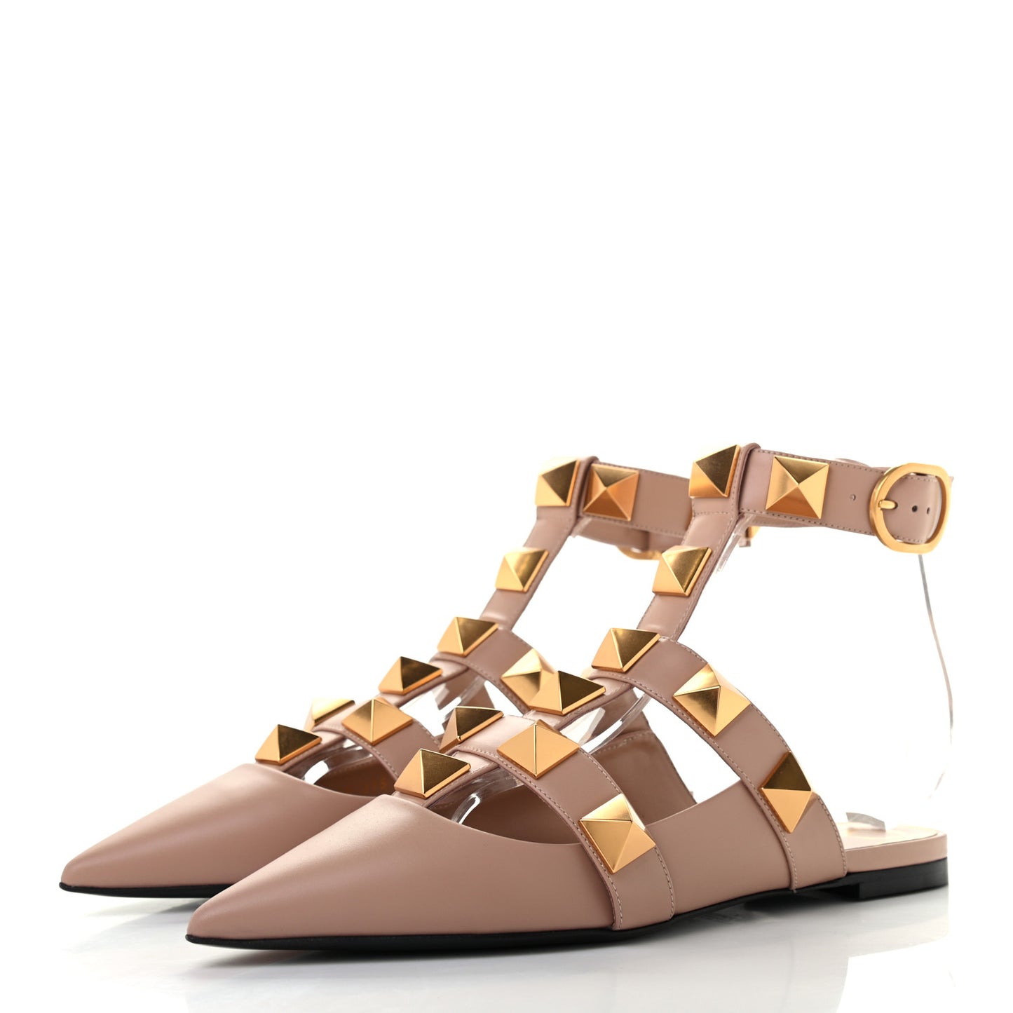 Calfskin Roman Stud Ankle Strap Flat Mules 38 Rose Cannelle