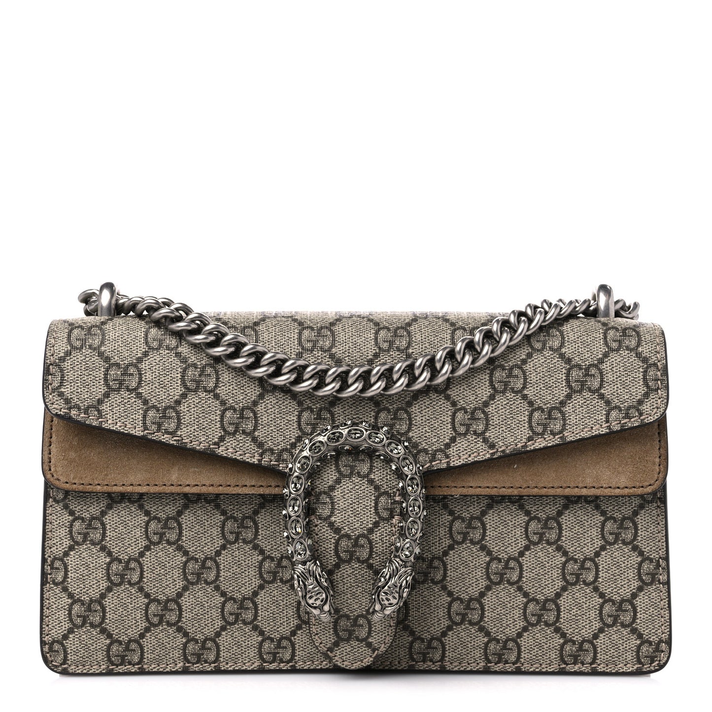 GG Supreme Monogram Suede Crystal Small Dionysus Shoulder Bag Beige Ebony Taupe