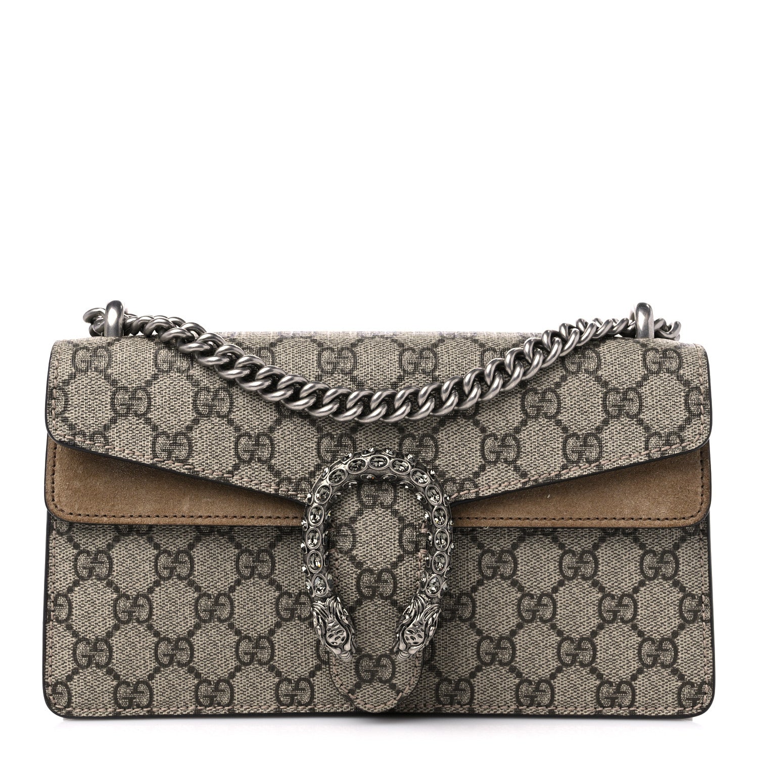 Gucci GG Supreme Monogram Suede Crystal Small Dionysus Shoulder Bag Beige Ebony Taupe 1 of 10