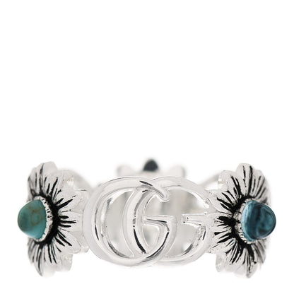 Gucci Sterling Silver Mother of Pearl Blue Topaz Flower Marmont Double G Ring 53 6.5 1 of 6