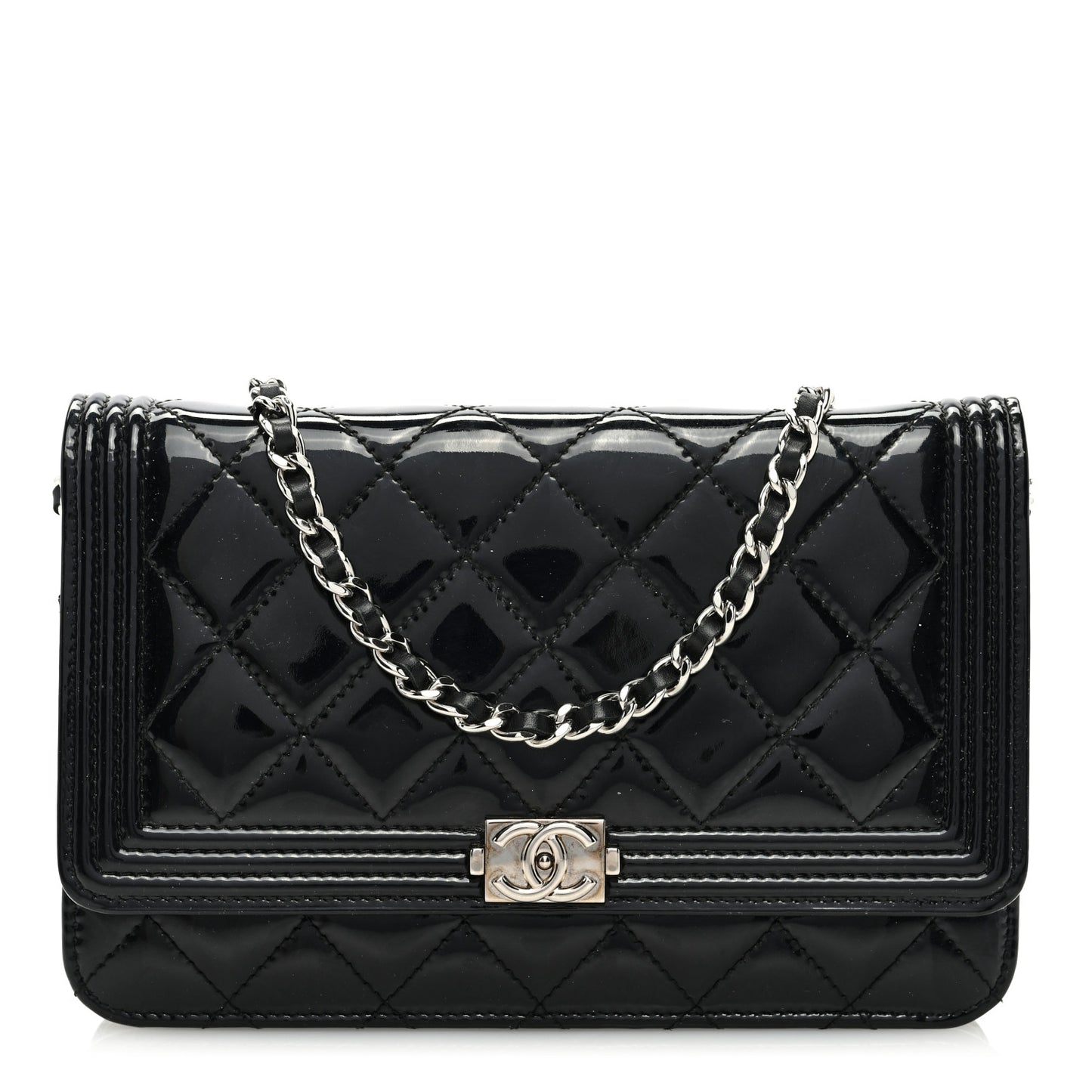 Patent Calfskin Quilted Boy Wallet On Chain WOC Black