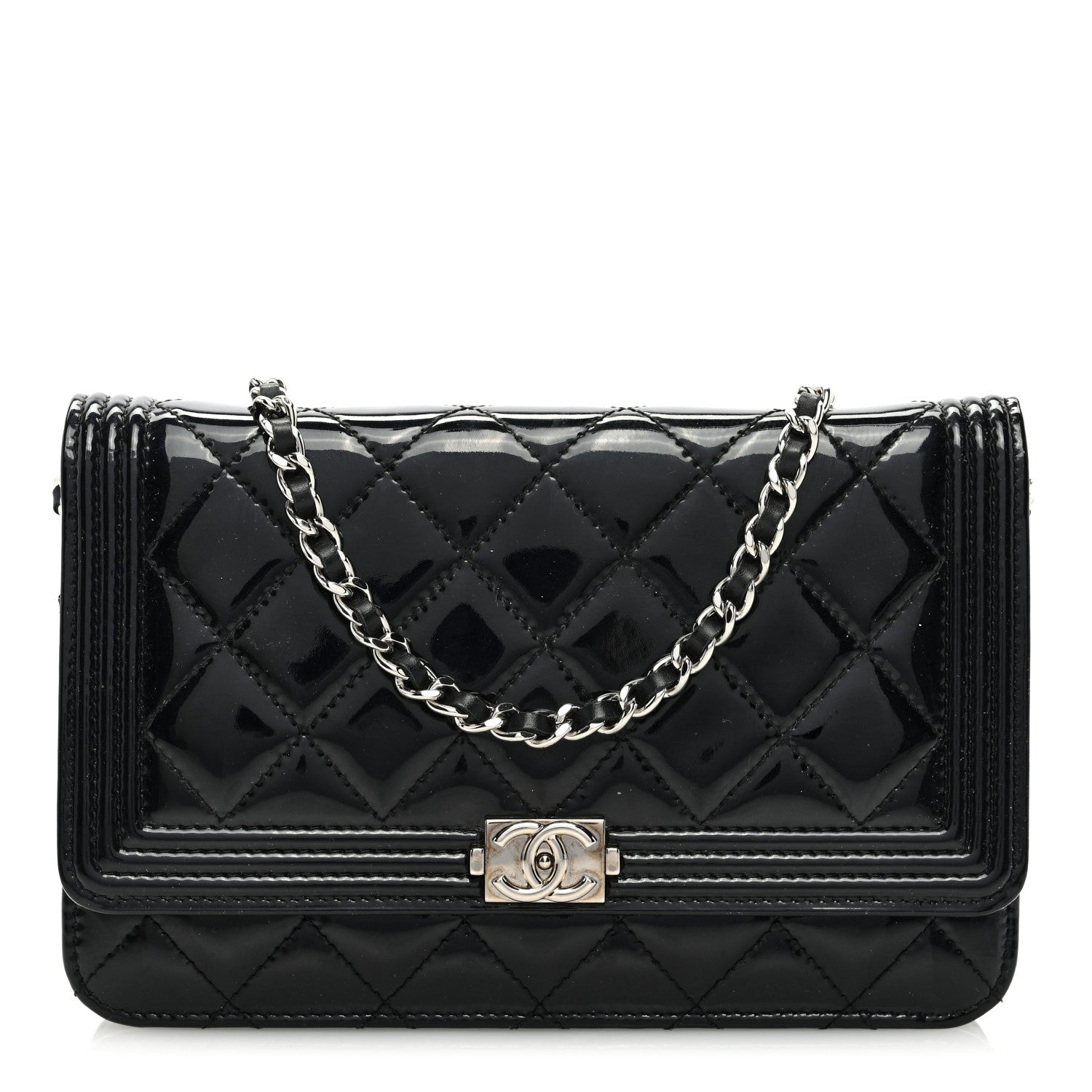 Chanel Patent Calfskin Quilted Boy Wallet On Chain WOC Black 1 of 10