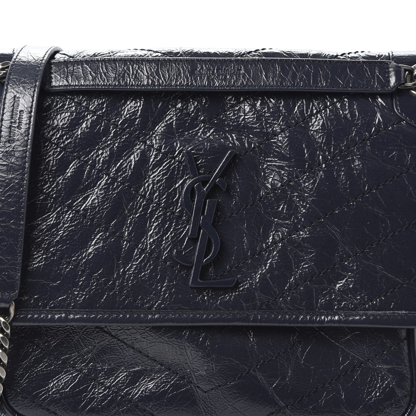 Crinkled Calfskin Matelasse Monogram Medium Niki Chain Satchel Deep Marine