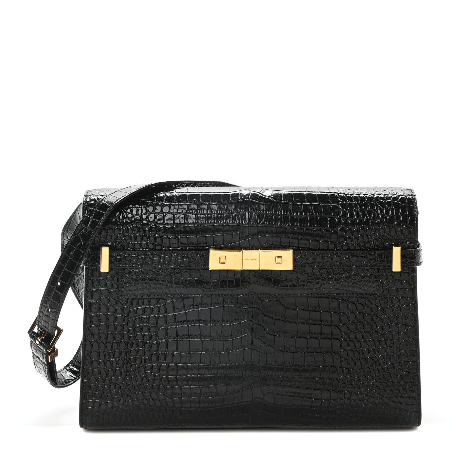 Saint Laurent Shiny Calfskin Crocodile Embossed Manhattan Baguette Black 1 of 10