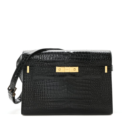 Saint Laurent Shiny Calfskin Crocodile Embossed Manhattan Baguette Black 1 of 10