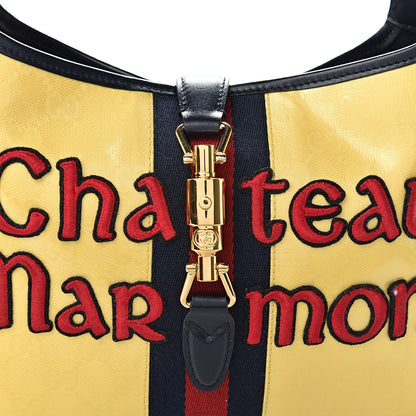 Gucci Crystal Monogram Chateau Marmont Medium Jackie O Hobo Straw Yellow Blue 12 of 15
