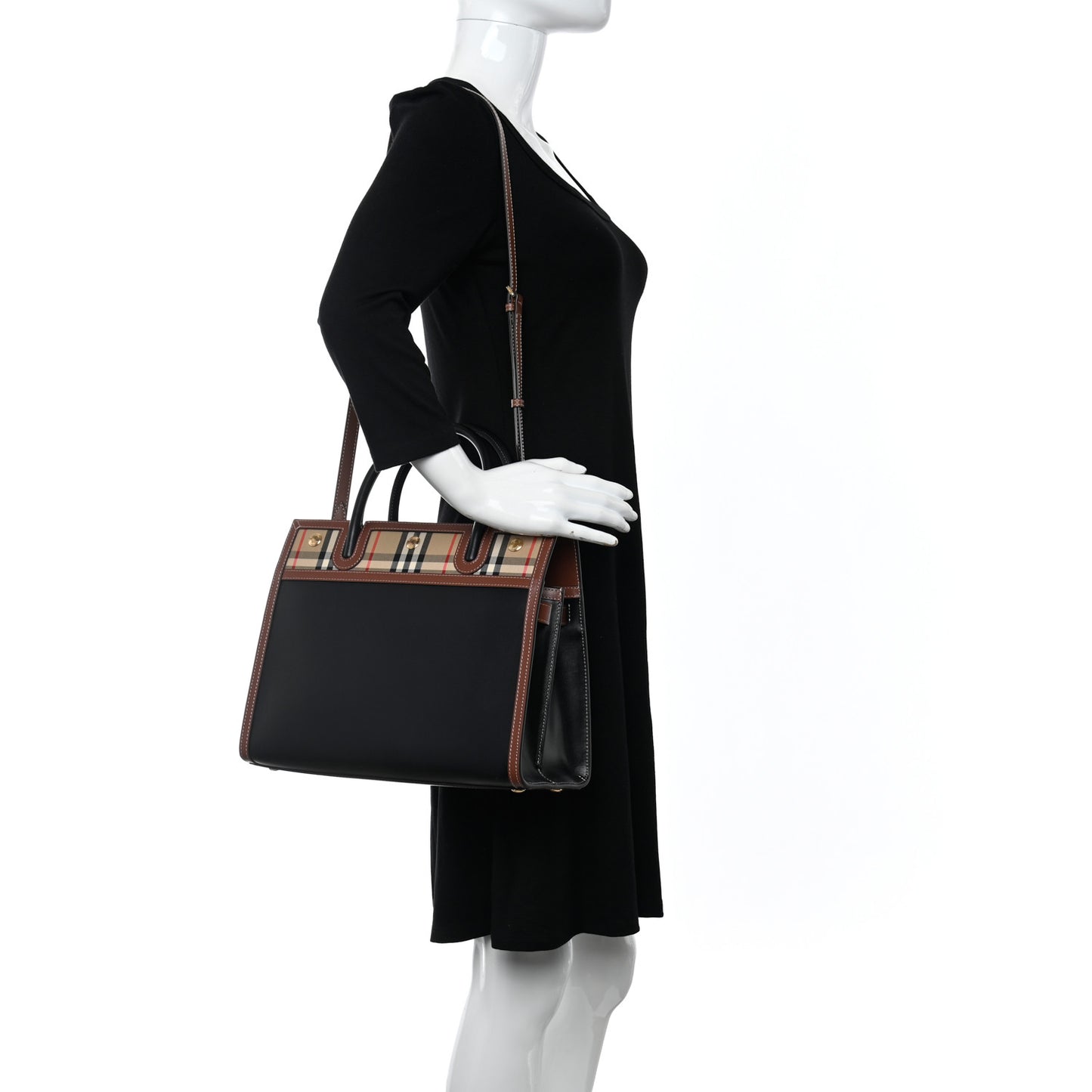 Calfskin Vintage Check Medium Two Handle Title Bag Black