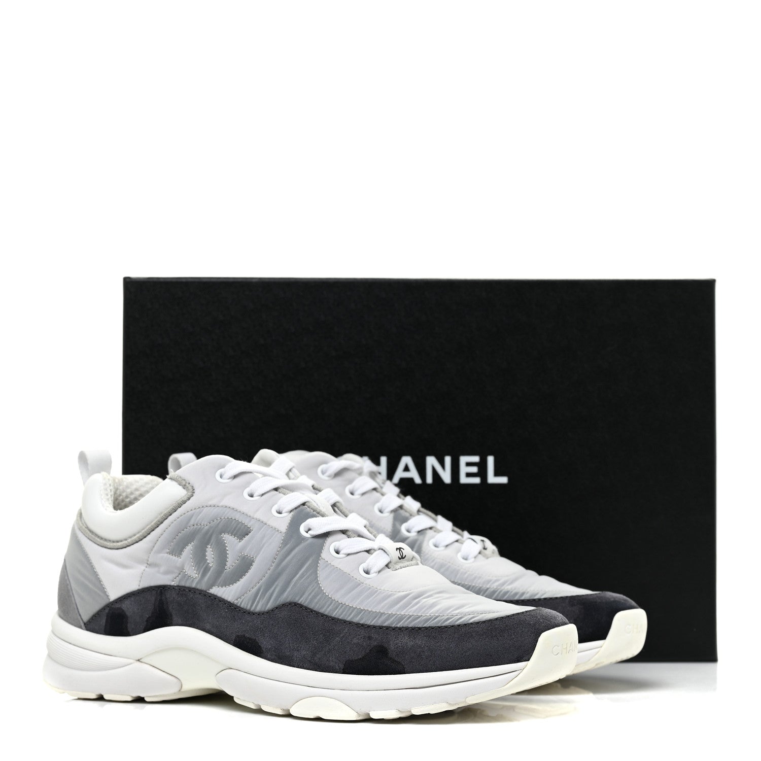 Chanel Nylon Lambskin Suede Calfskin CC Sneakers 38.5 White Grey 8 of 8
