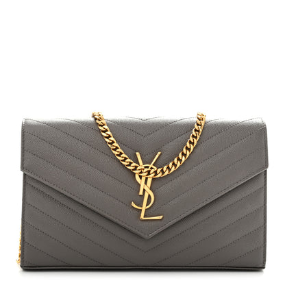 Saint Laurent Grain De Poudre Matelasse Chevron Monogram Chain Wallet Fog 1 of 14
