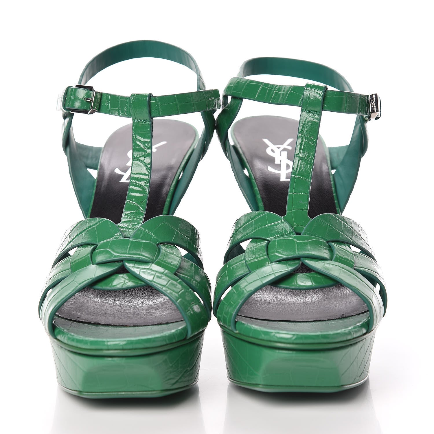 Saint Laurent Calfskin Crocodile Embossed Tribute 75 Platform Sandals 39 Green 2 of 8