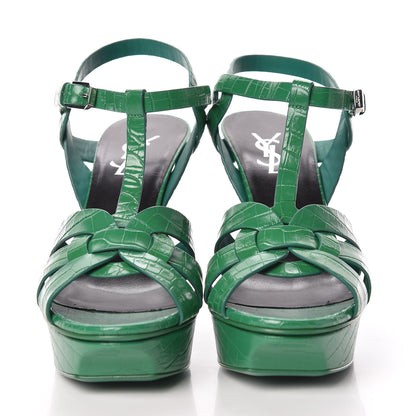 Saint Laurent Calfskin Crocodile Embossed Tribute 75 Platform Sandals 39 Green 2 of 8