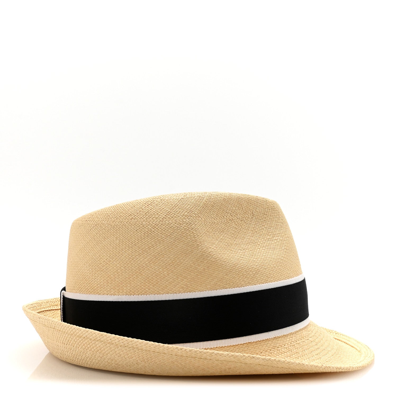 Chanel Straw Grosgrain Ribbon Fedora Hat S Beige Black 6 of 8