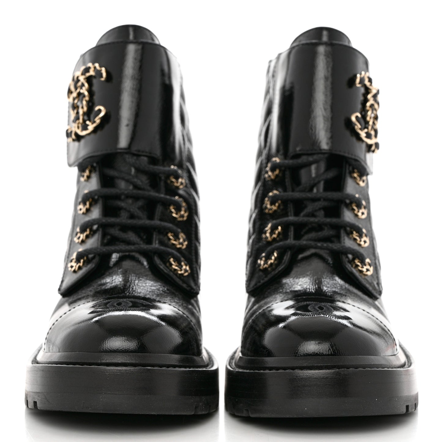 Shiny Calfskin Quilted Lace Up Combat Boots 36.5 Black