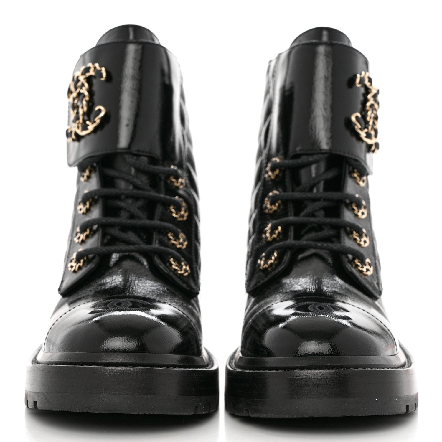 Chanel Shiny Calfskin Quilted Lace Up Combat Boots 36.5 Black 2 of 9