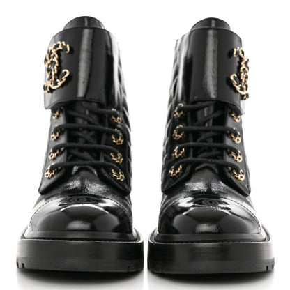 Chanel Shiny Calfskin Quilted Lace Up Combat Boots 36.5 Black 2 of 9