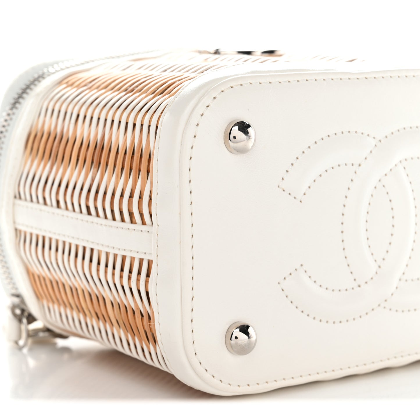 Calfskin Raffia Small Vanity Case Bag White Beige
