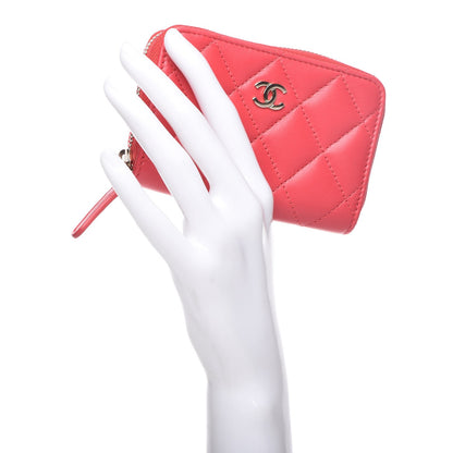 Chanel Lambskin Quilted Zip Around Coin Purse Wallet Light Red 2 of 16