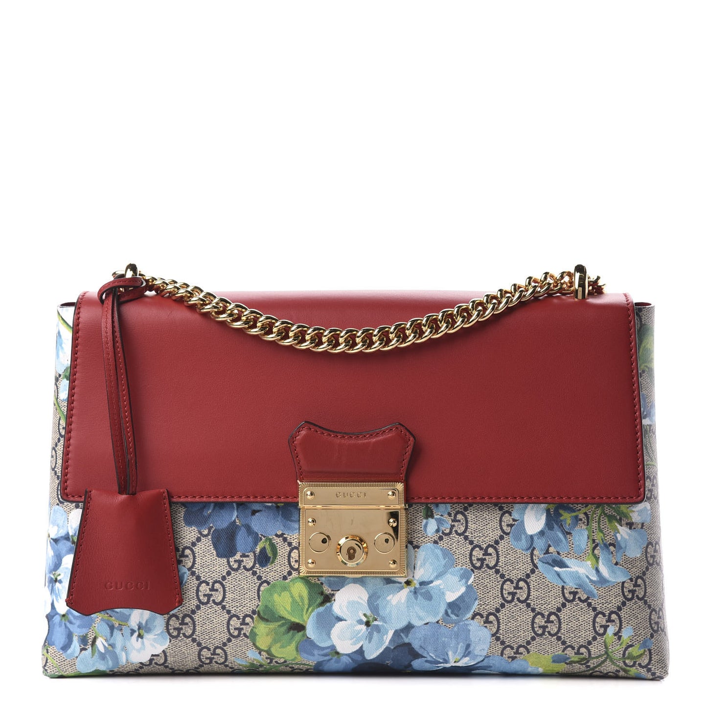 GG Supreme Monogram Blooms Calfskin Medium Padlock Shoulder Bag Beige Blue Navy Hibiscus Red