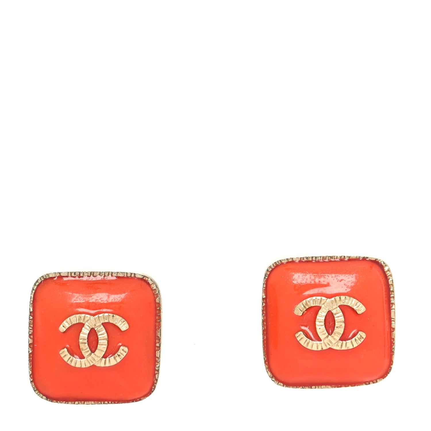 Chanel Enamel CC Square Earrings Coral Gold 1 of 4
