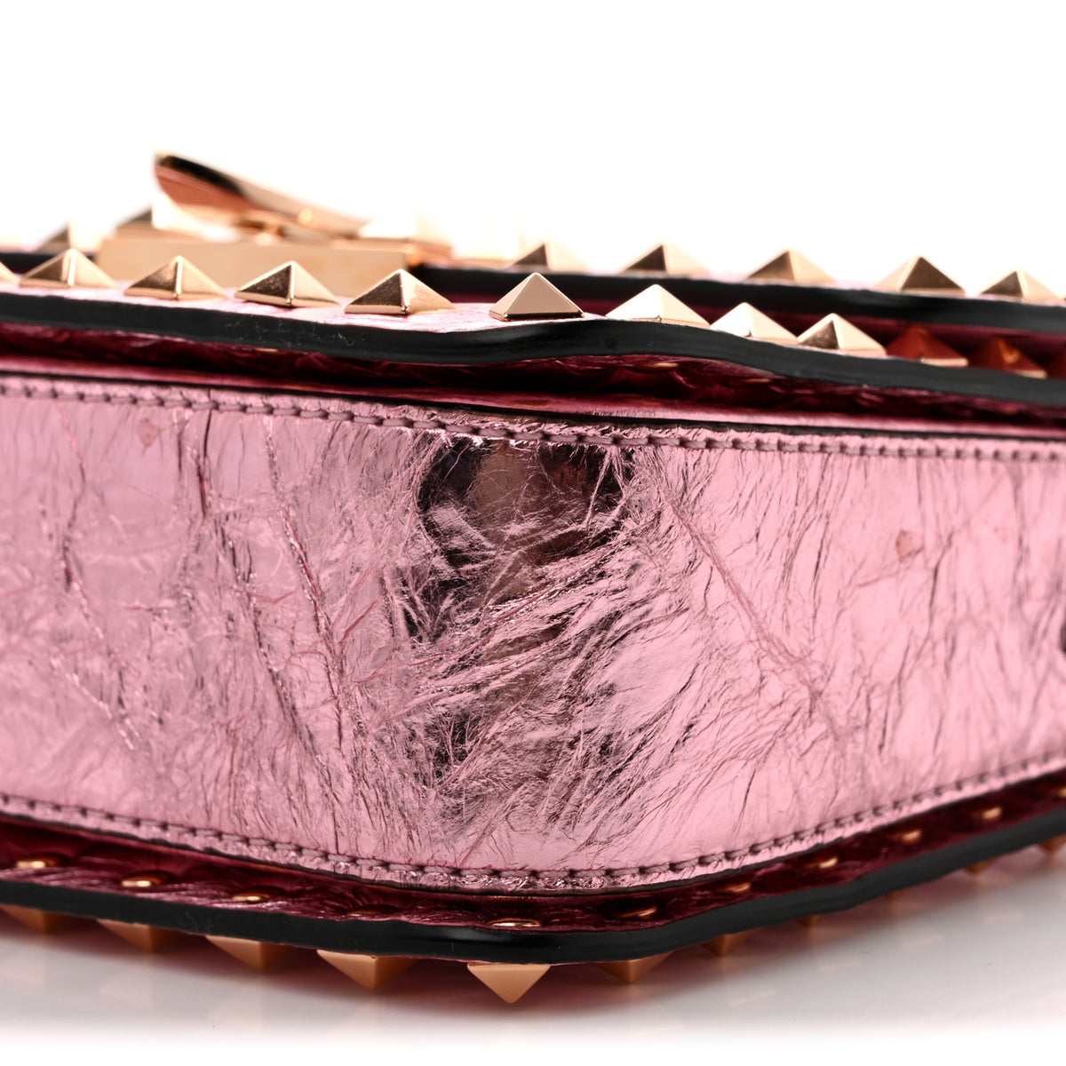 Metallic Crackle Effect Calfskin Rockstud Flip Lock Shoulder Bag Rose Cannelle