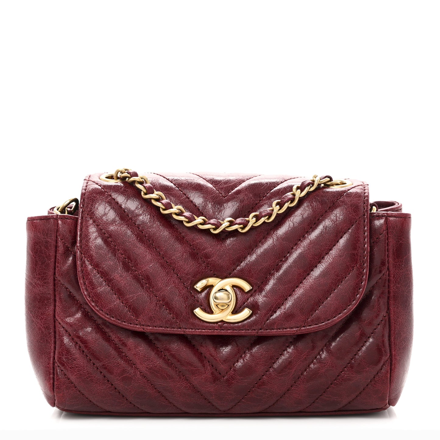 Glazed Calfskin Chevron Quilted Small Hampton Flap Burgundy