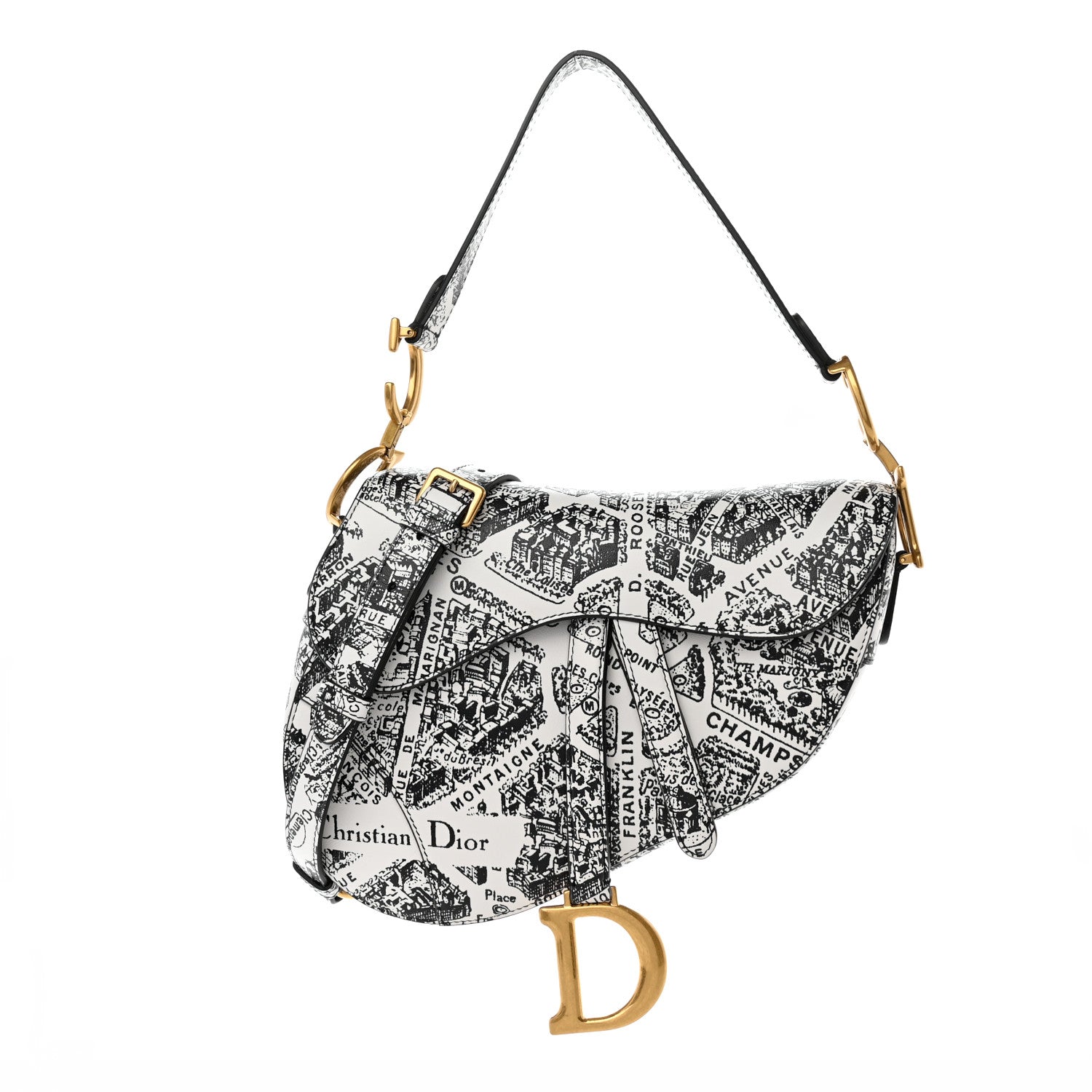 Christian Dior Calfskin Plan De Paris Printed Saddle Bag With Strap White Black 1 of 11