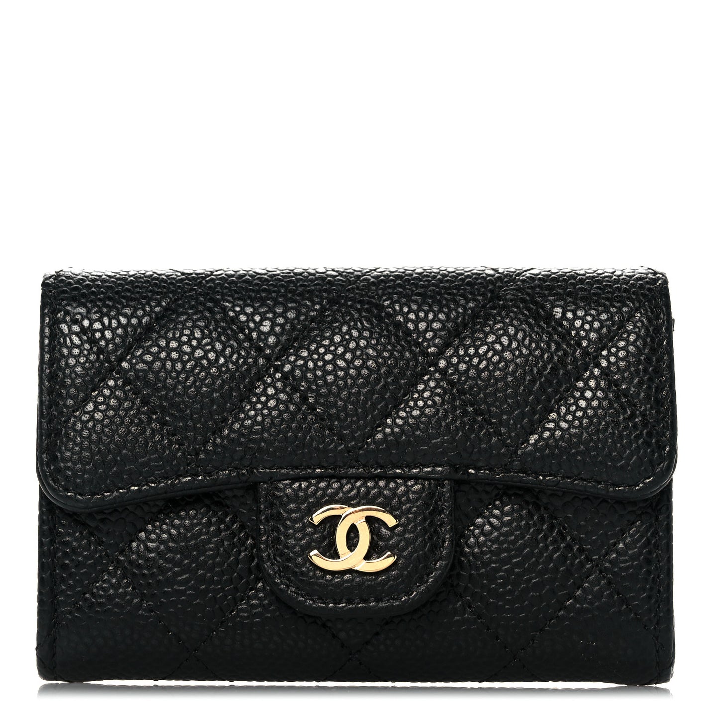Caviar Quilted Flap Card Holder Wallet Black