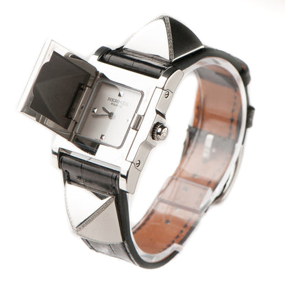 Hermes Stainless Steel Alligator Diamond 23mm Medor Quartz Watch Noir 10 of 11