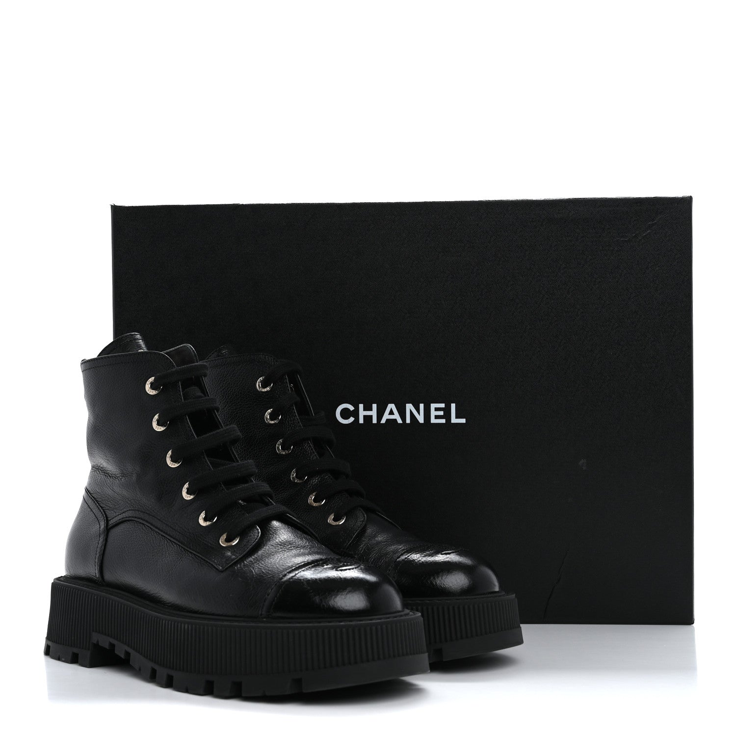Chanel Grained Calfskin Shiny Calfskin CC Lace Up Combat Boots 40 Black 12 of 14
