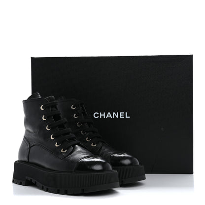 Chanel Grained Calfskin Shiny Calfskin CC Lace Up Combat Boots 40 Black 12 of 14