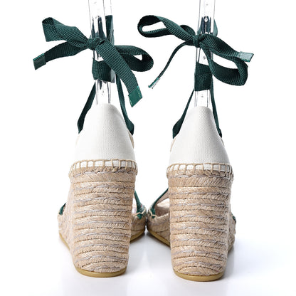 Gucci Canvas Malaga Kid Web Ankle Wrap Espadrille Wedge Sandals 35.5 Green Red Mystic White Emerald 5 of 12