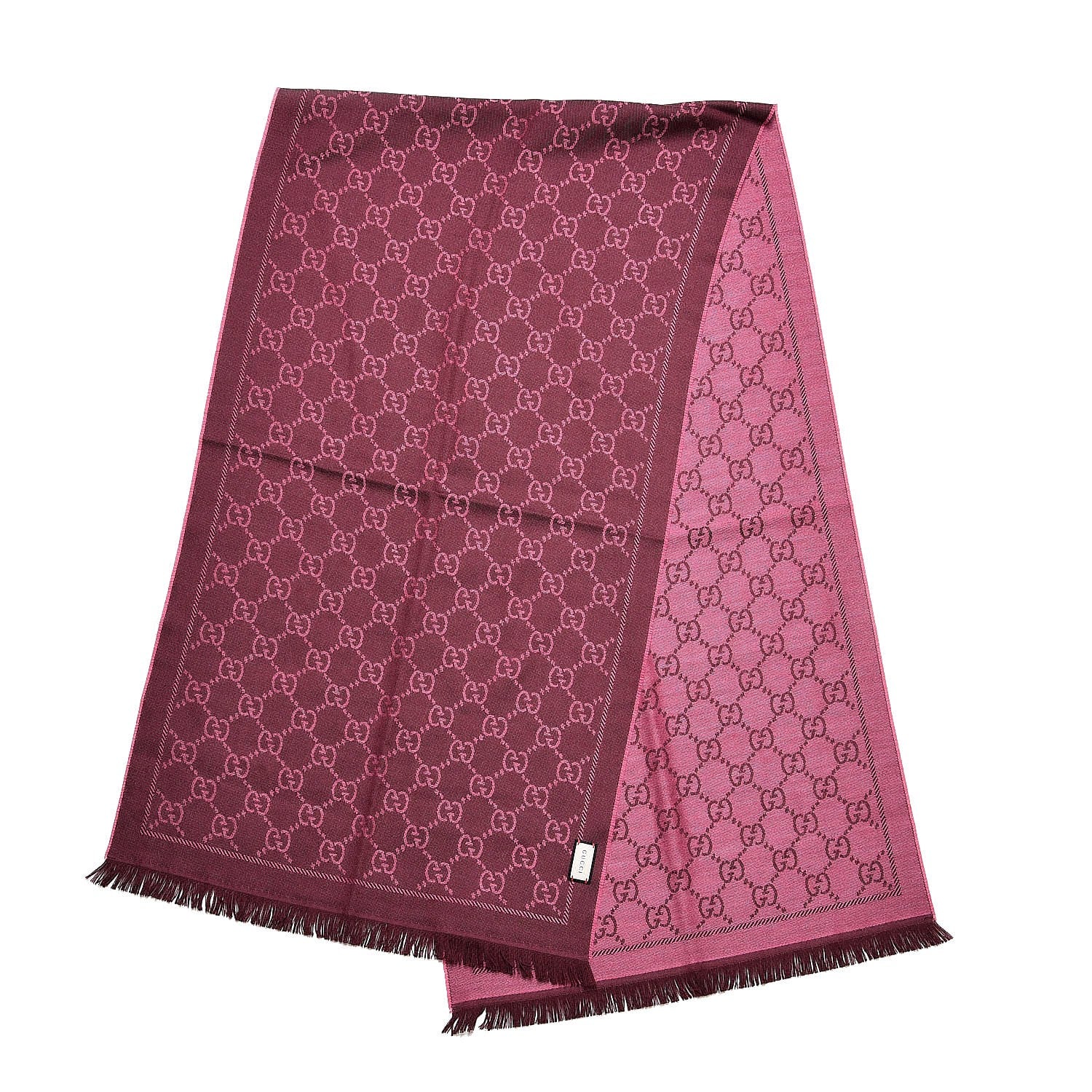 Gucci Wool Jacquard GG Monogram Sten Fringe Scarf Magenta Bordeaux 3 of 6