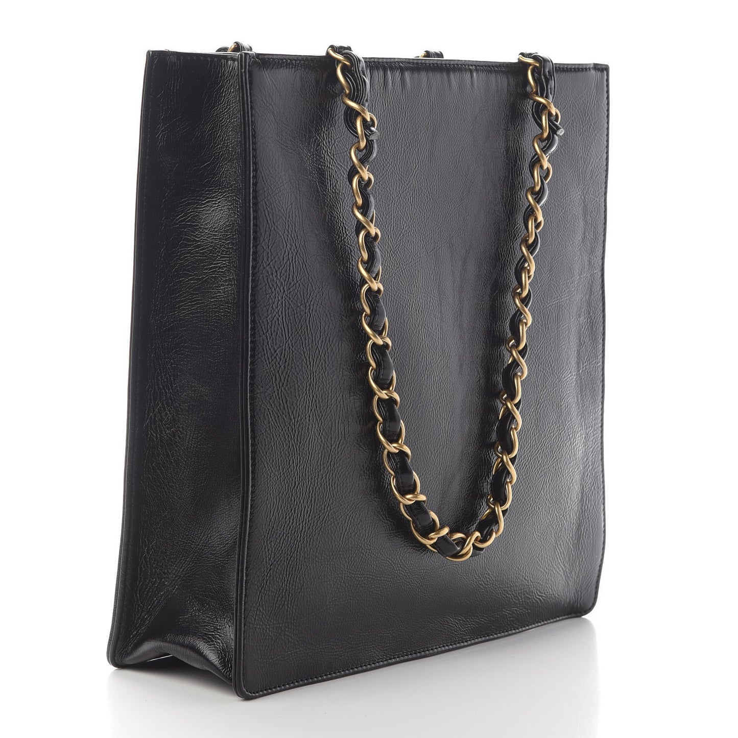 Shiny Aged Calfskin North South Shopping Bag Black