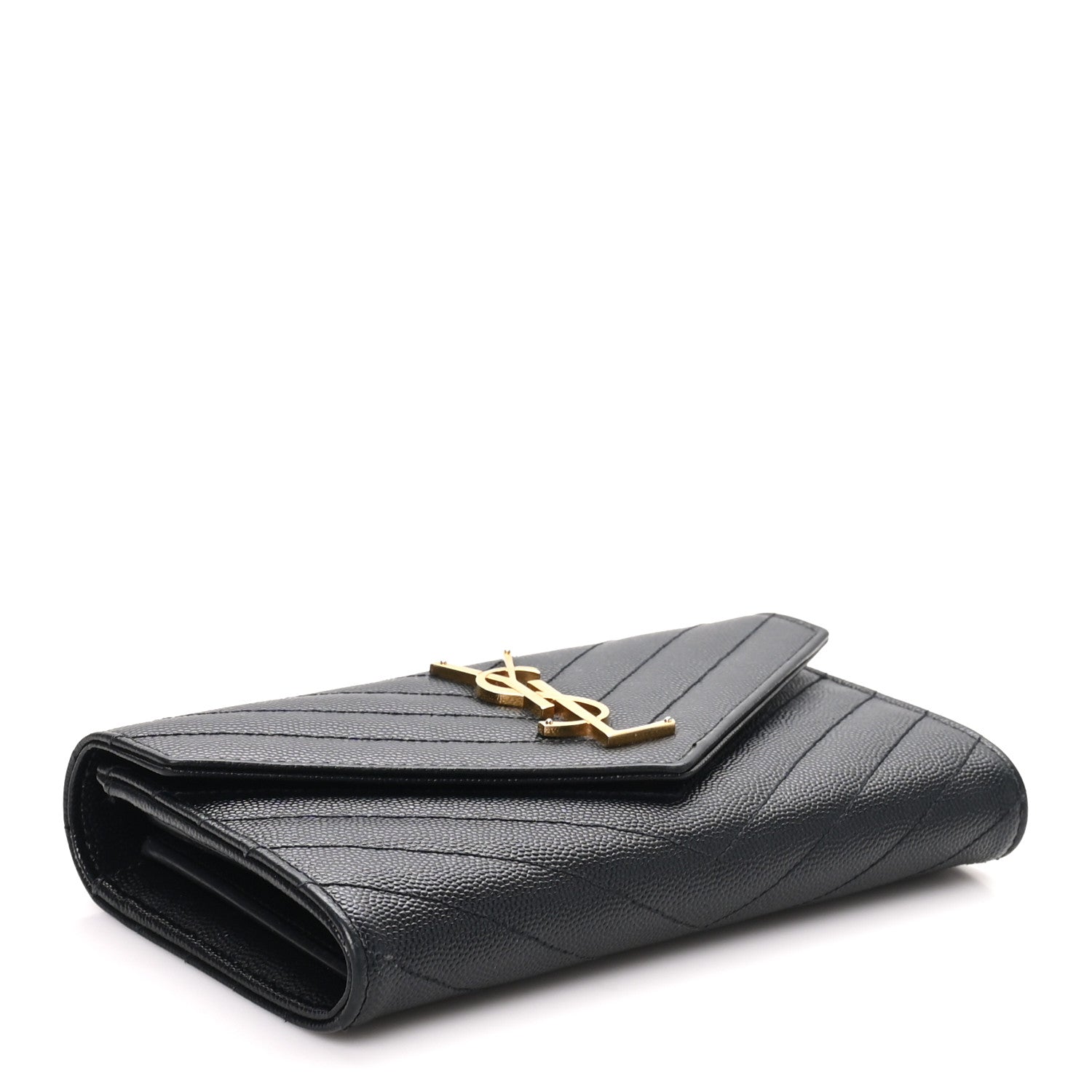 Saint Laurent Grain De Poudre Matelasse Chevron Monogram Flap Wallet Black 4 of 7