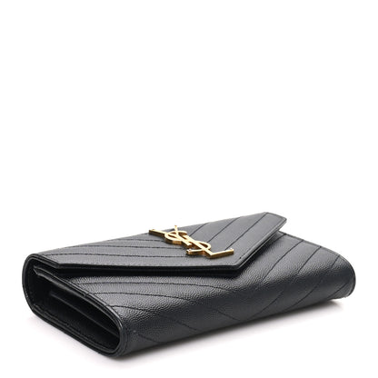 Saint Laurent Grain De Poudre Matelasse Chevron Monogram Flap Wallet Black 4 of 7