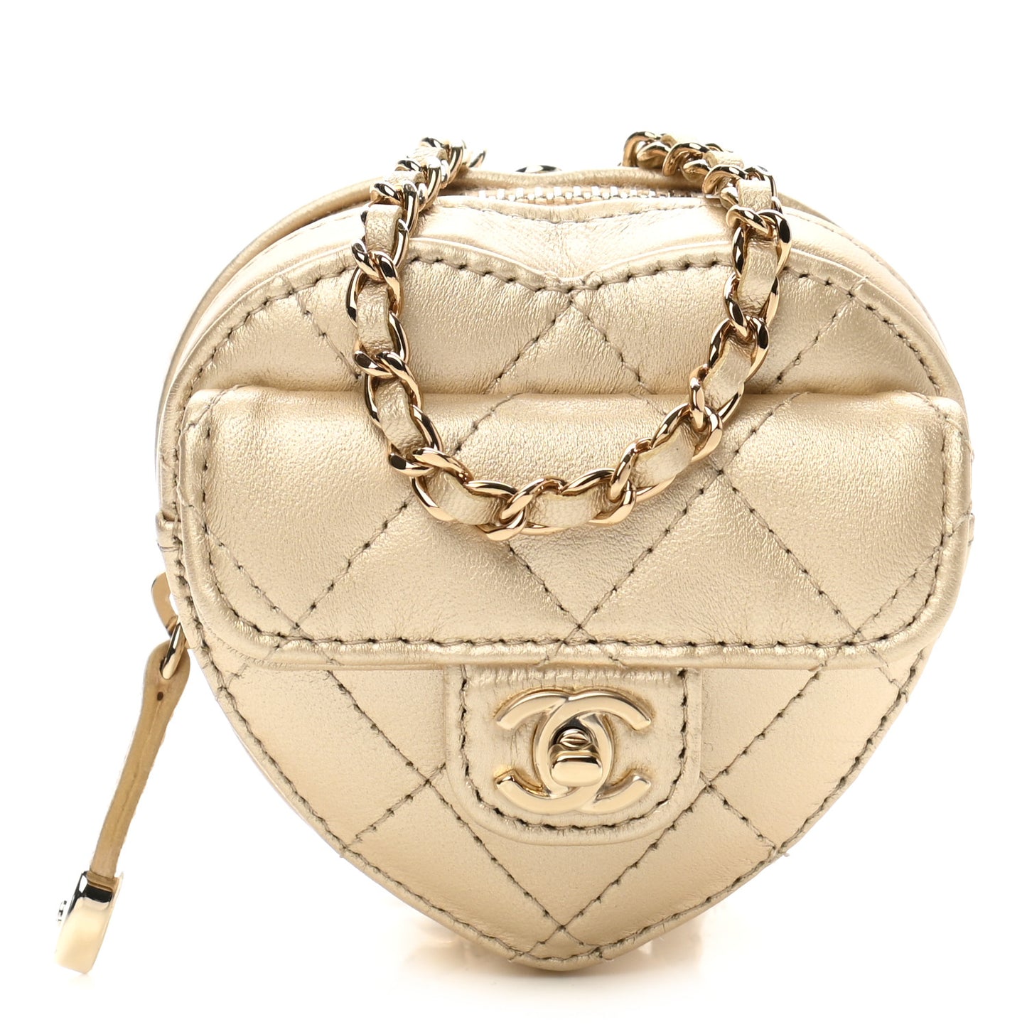 Metallic Lambskin Quilted CC In Love Heart Coin Purse With Chain Gold