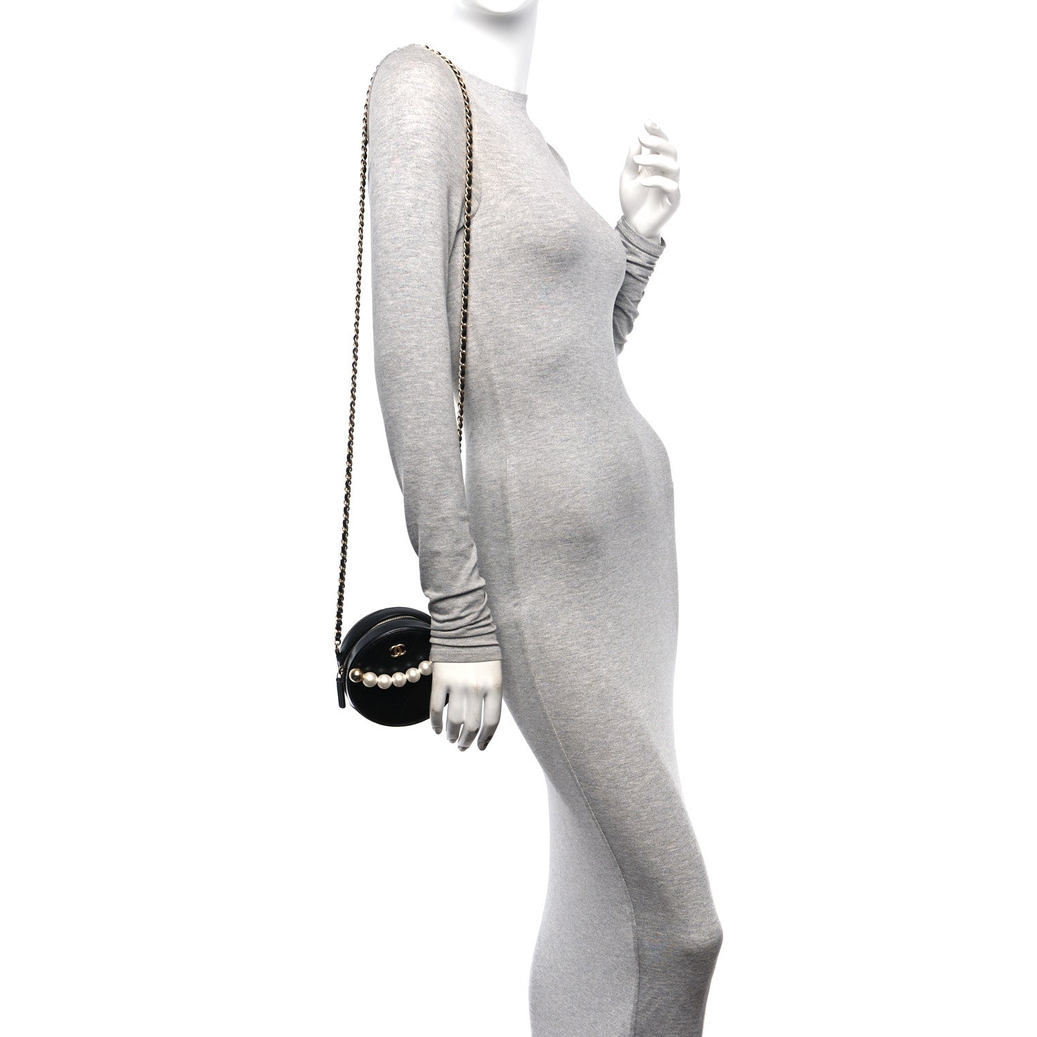 Chanel Goatskin Quilted Chic Pearls Chain Round Clutch With Chain Black 2 of 9