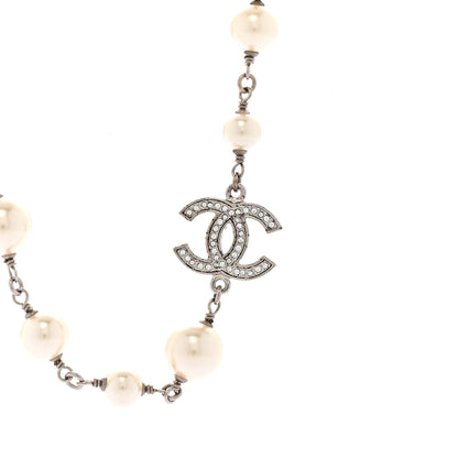 Chanel Crystal Pearl CC Long Necklace Silver Pearly White 4 of 8