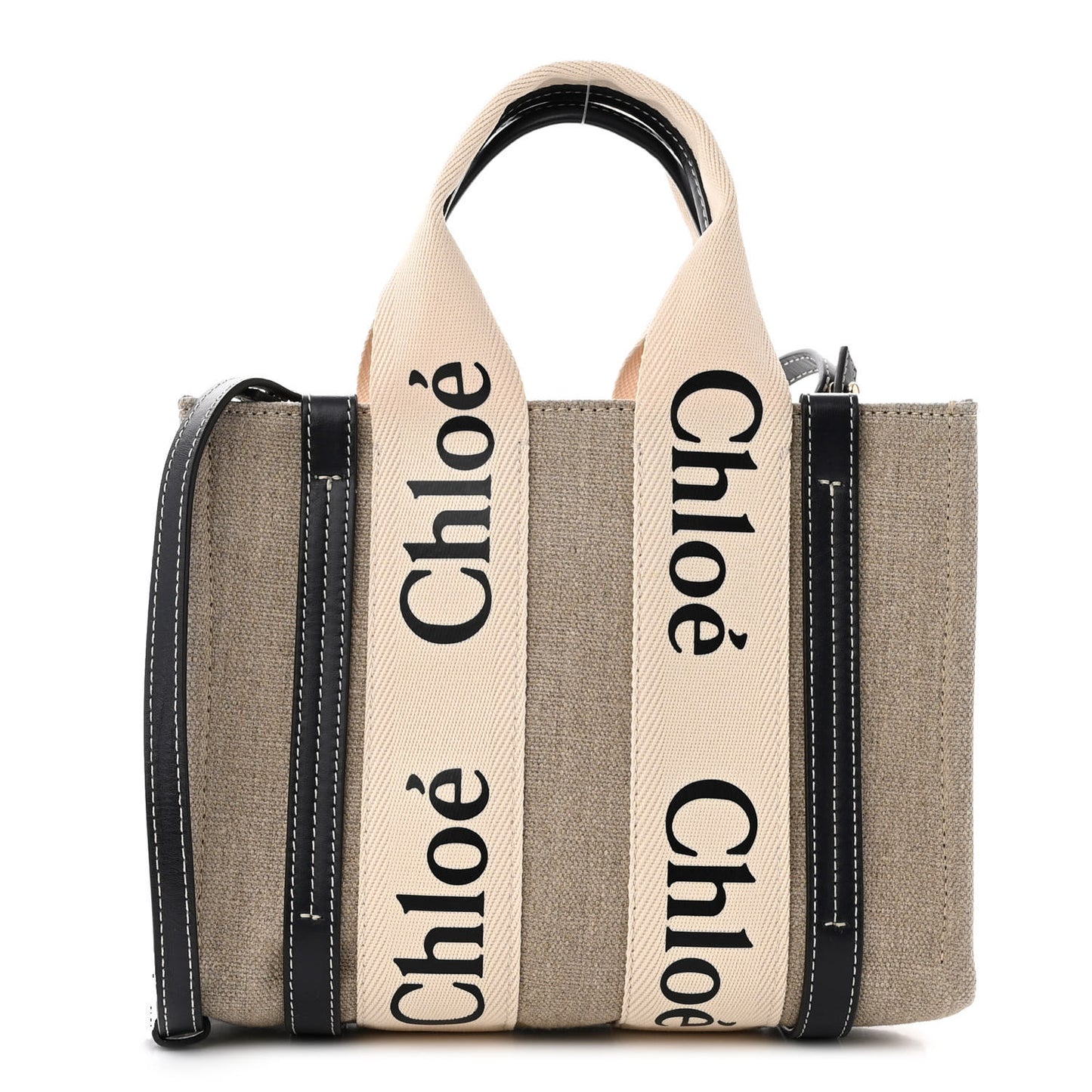 Linen Calfskin Small Woody Ribbon Tote With Strap White Navy