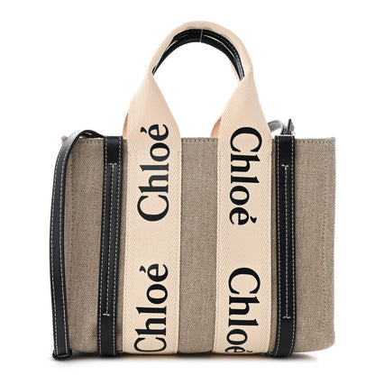 Chloe Linen Calfskin Small Woody Ribbon Tote With Strap White Navy 1 of 10