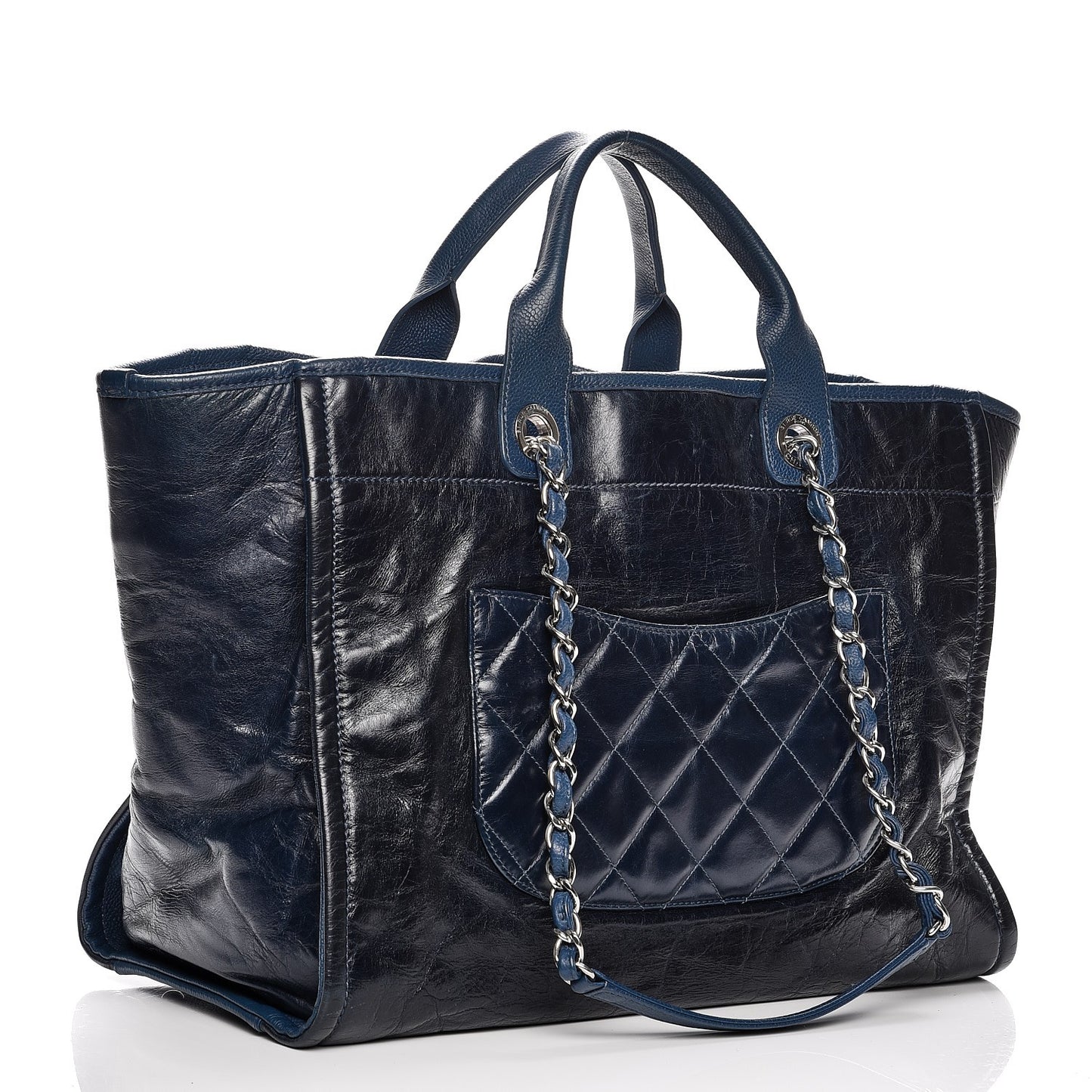 Glazed Calfskin Large Deauville Tote Blue