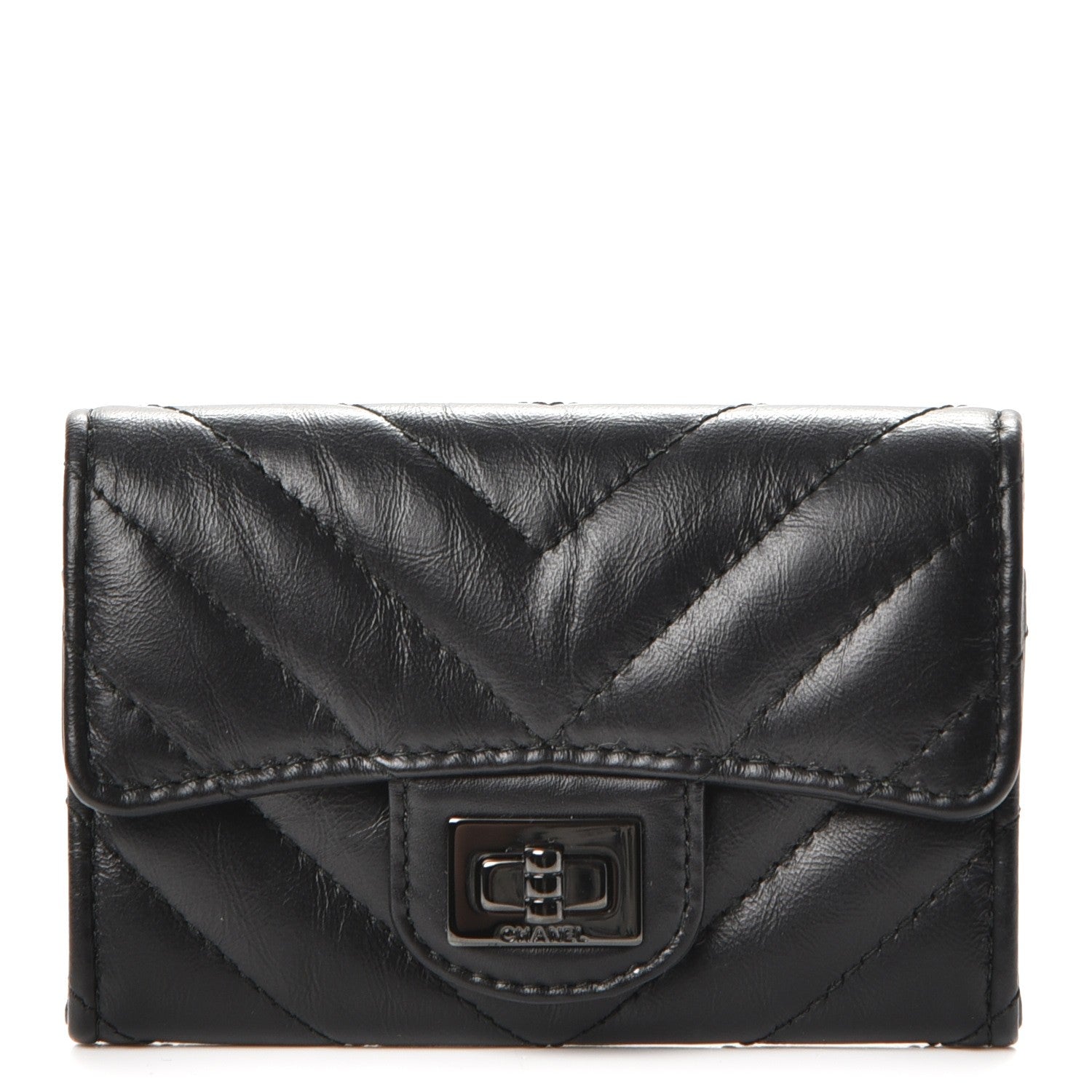 Chanel Aged Calfskin Chevron Quilted Card Holder Wallet So Black 1 of 9