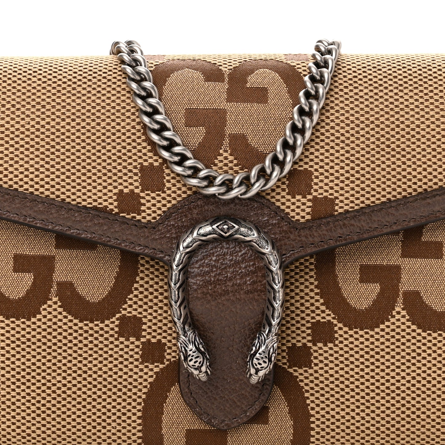 Monogram Jumbo GG Textured Dollar Calfskin Mini Dionysus Chain Wallet Camel Ebony New Acero