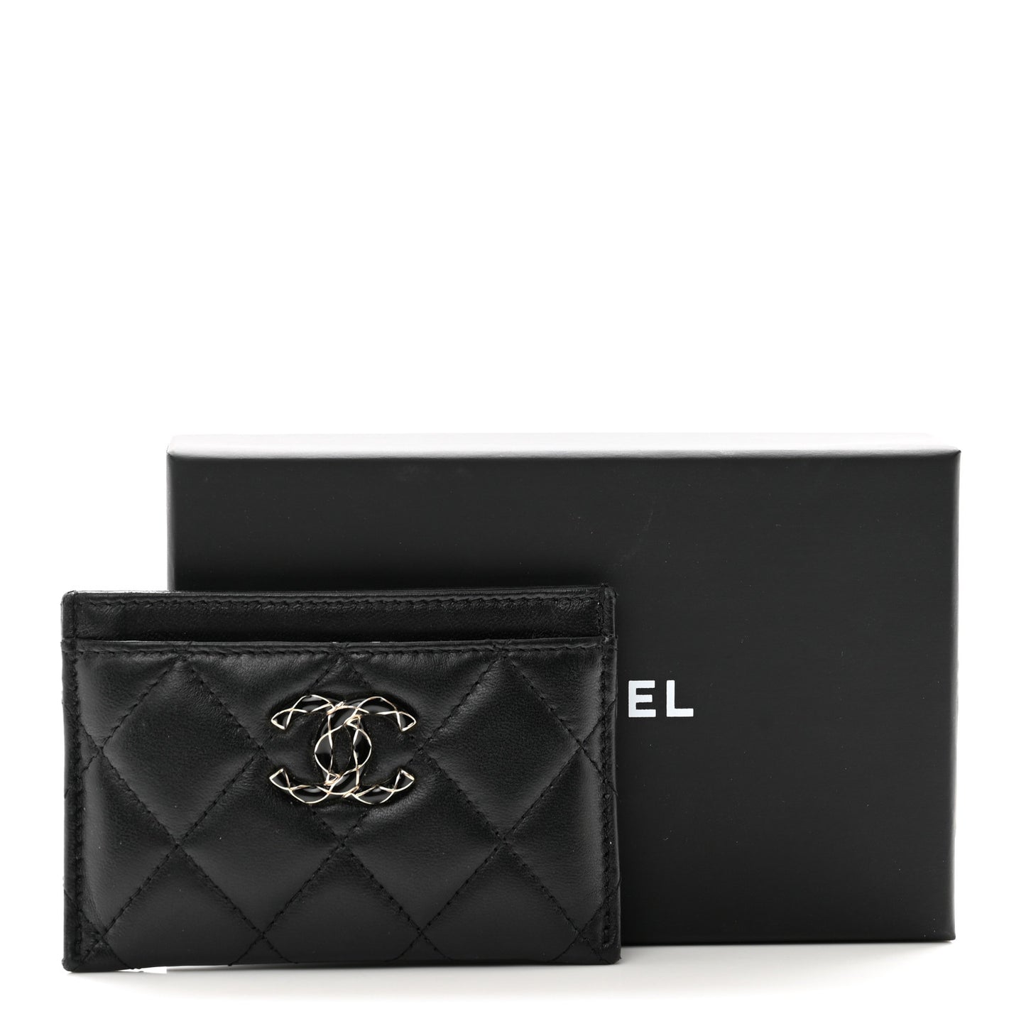 Lambskin Enamel Quilted Zippered Card Holder Black