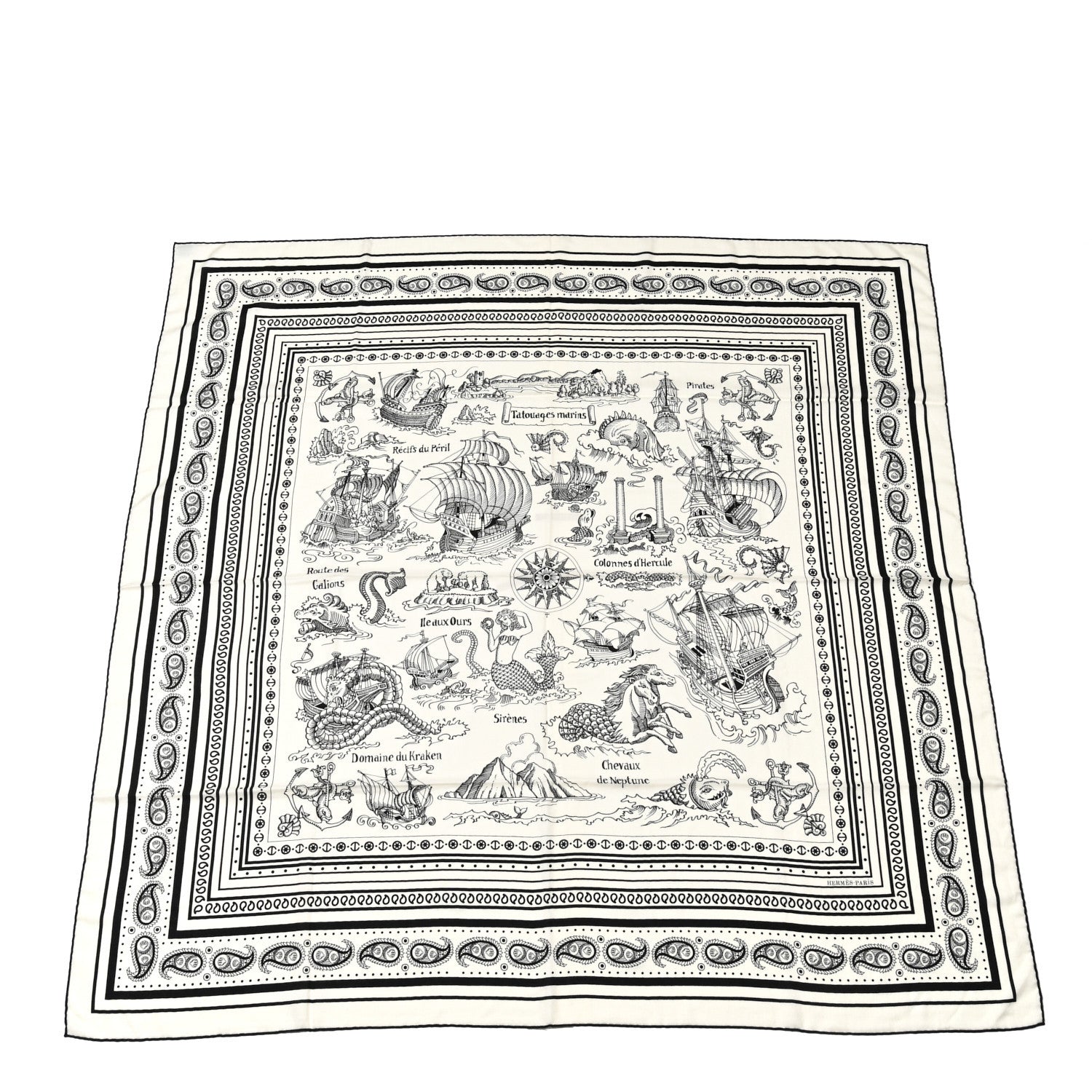 Hermes Cashmere Silk Tatouages Marins Bandana Shawl 140 White Black 1 of 5