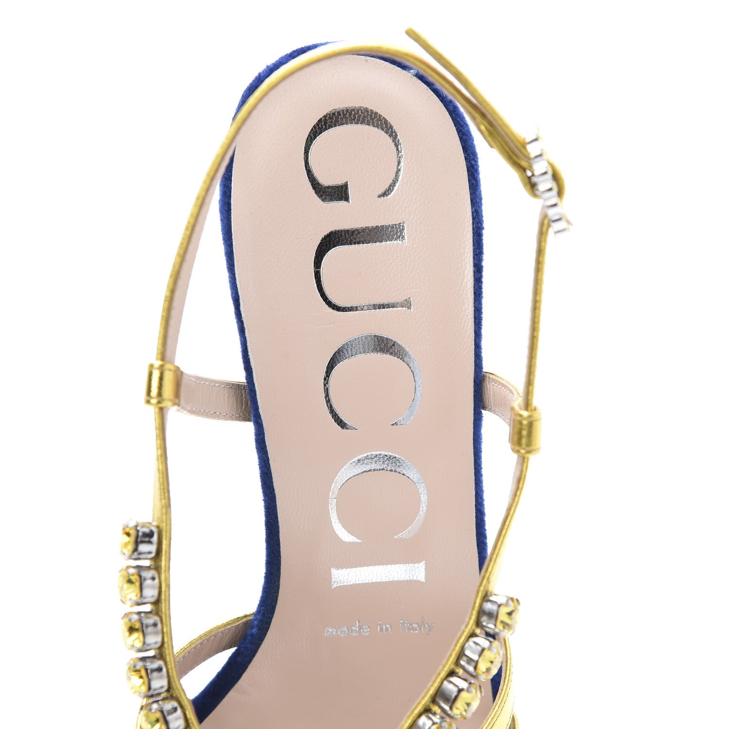Gucci Velvet Nappa Crystal Zephyra Slingback Platform High Heel Sandals 36.5 Blue Gold 6 of 10